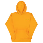 Unisex gold cotton hoodie with a front pocket and hood, by Daemon, featuring a casual, premium design.