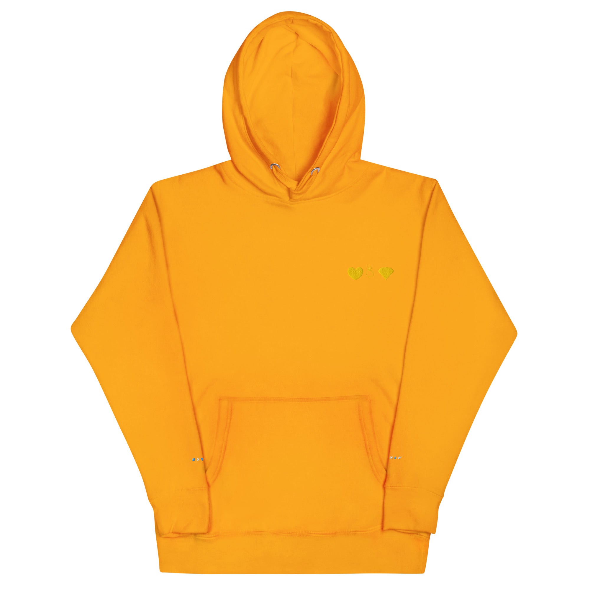 Unisex gold cotton hoodie with a front pocket and hood, by Daemon, featuring a casual, premium design.