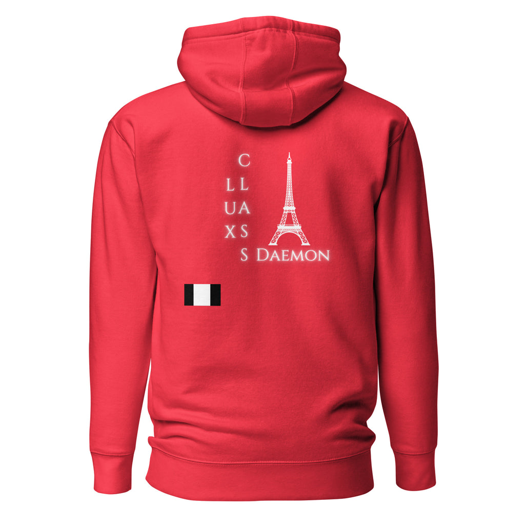 Unisex red hoodie from Daemon's Flash of Red collection, featuring a cotton heritage fabric and a back design.