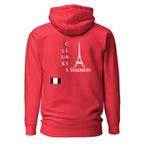 Unisex red hoodie from Daemon's Flash of Red collection, featuring a cotton heritage fabric and a back design.