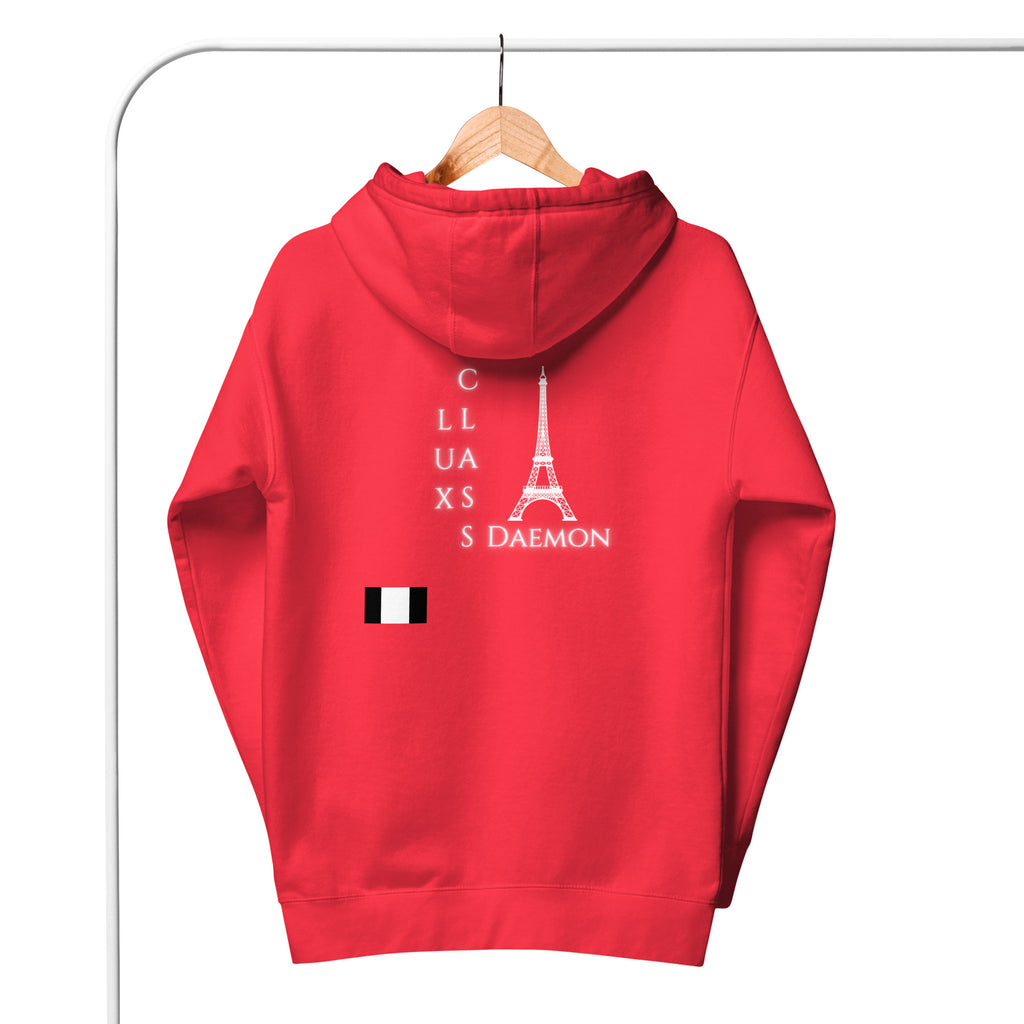 Unisex red hoodie by Daemon with a front pouch pocket and adjustable drawstrings, featuring a classic pullover design.