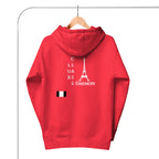 Unisex red hoodie by Daemon with a front pouch pocket and adjustable drawstrings, featuring a classic pullover design.