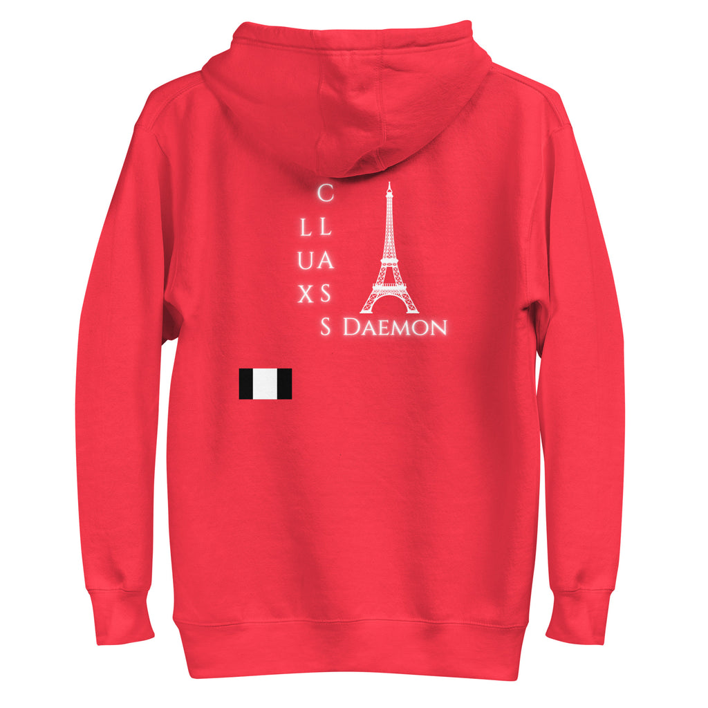 Unisex red hoodie by Daemon with a front pocket and hood, made of cotton, shown from the back view.