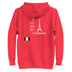 Unisex red hoodie by Daemon with a front pocket and hood, made of cotton, shown from the back view.