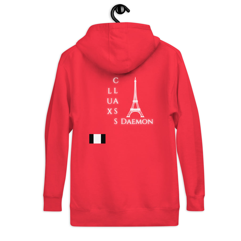 Unisex red cotton hoodie with Daemon logo on the back, featuring a hood and casual fit, from the Flash of Red collection.
