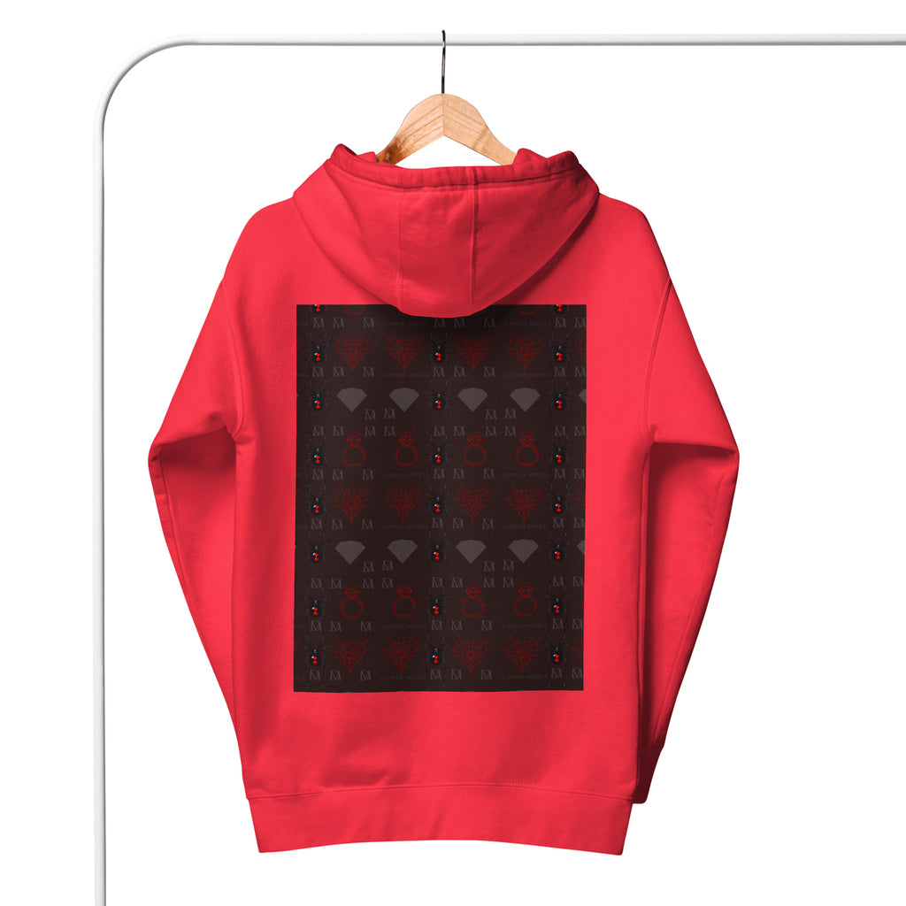 Daemon Luxury Supreme Models Belly Red reticulated cotton heritage unisex premium hoodie, back view with team red design.