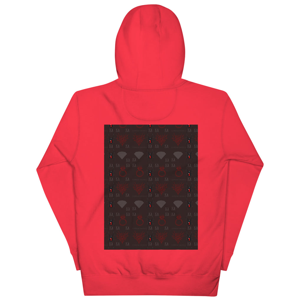 Daemon Luxury Supreme Models Belly Red reticulated unisex cotton heritage hoodie, back view with team red color and detailed design.