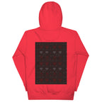 Daemon Luxury Supreme Models Belly Red reticulated unisex cotton heritage hoodie, back view with team red color and detailed design.