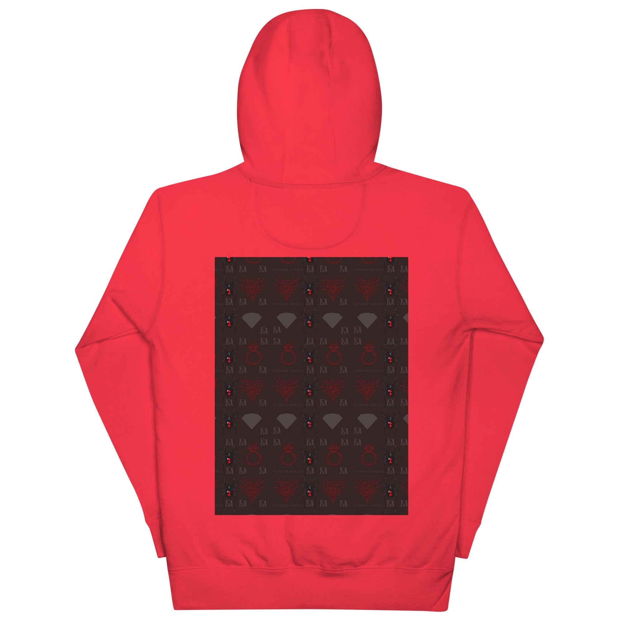 Unisex premium pullover hoodie from Daemon Luxury's Supreme Models collection in Belly Red with reticulated design, back view.