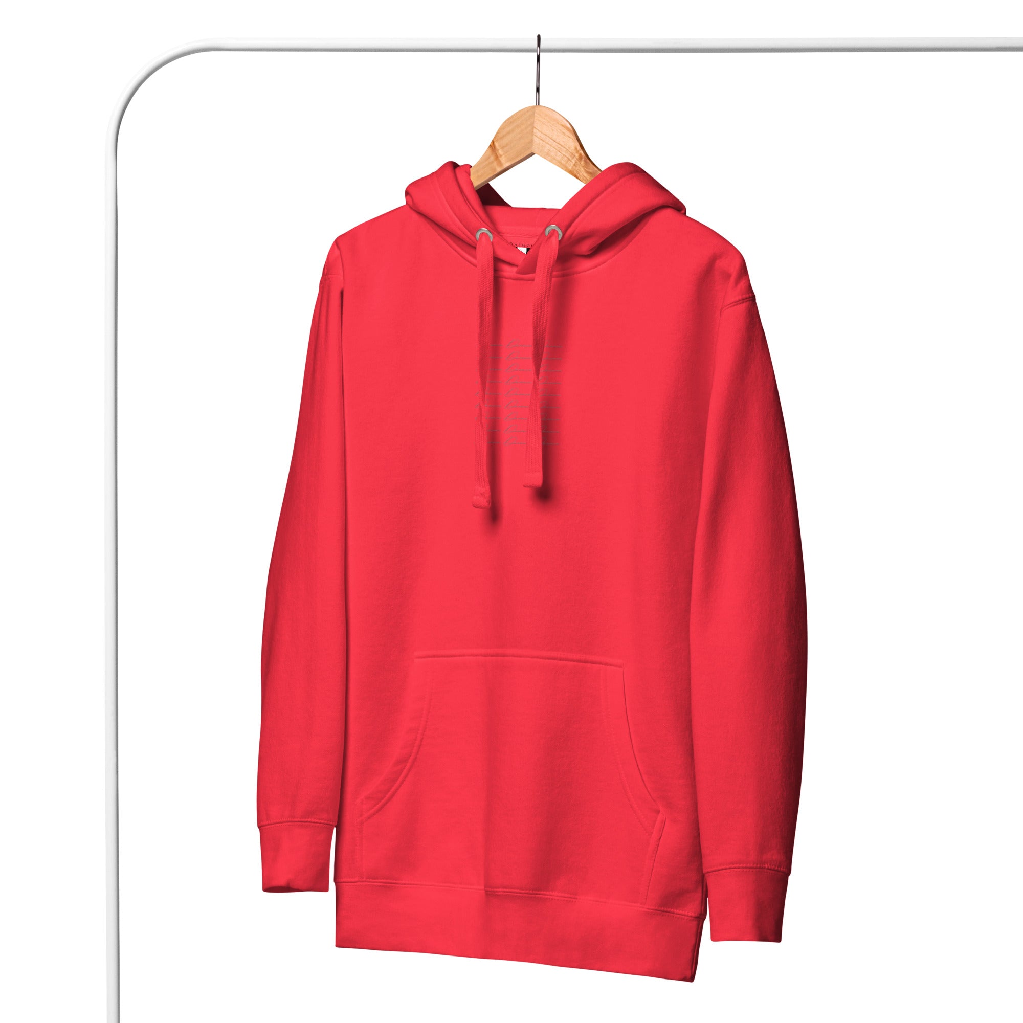 Unisex red cotton hoodie with Daemon brand logo, front view, featuring a drawstring hood and casual fit.