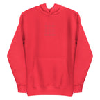 Unisex crimson hoodie with front pocket and drawstring hood, made by Daemon, featuring a bold "Flash of Red" design.