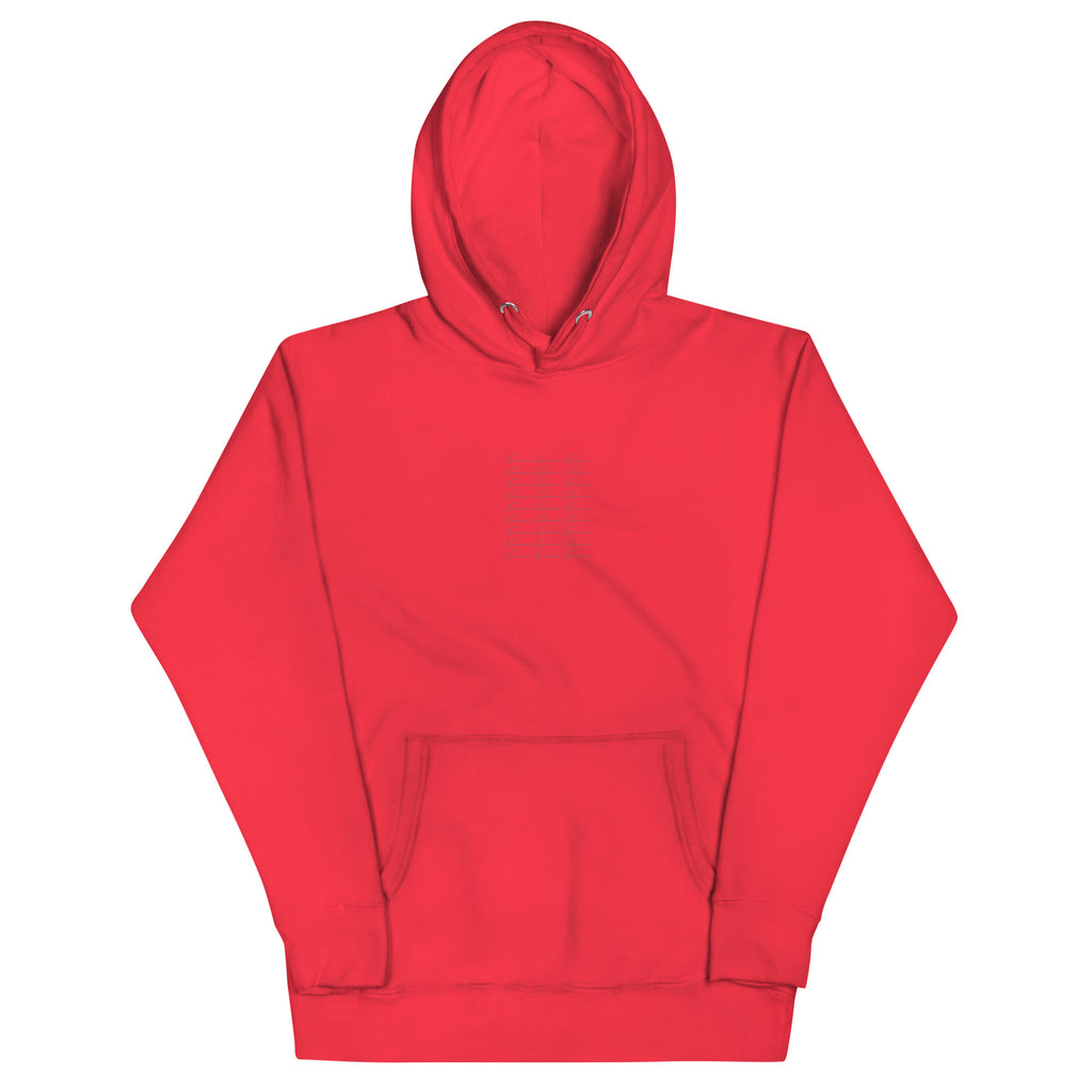 Unisex red hoodie with Daemon brand logo, cotton heritage fabric, front view showcasing casual pullover with hood.