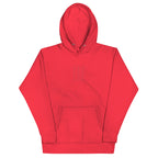 Unisex red hoodie with Daemon brand logo, cotton heritage fabric, front view showcasing casual pullover with hood.