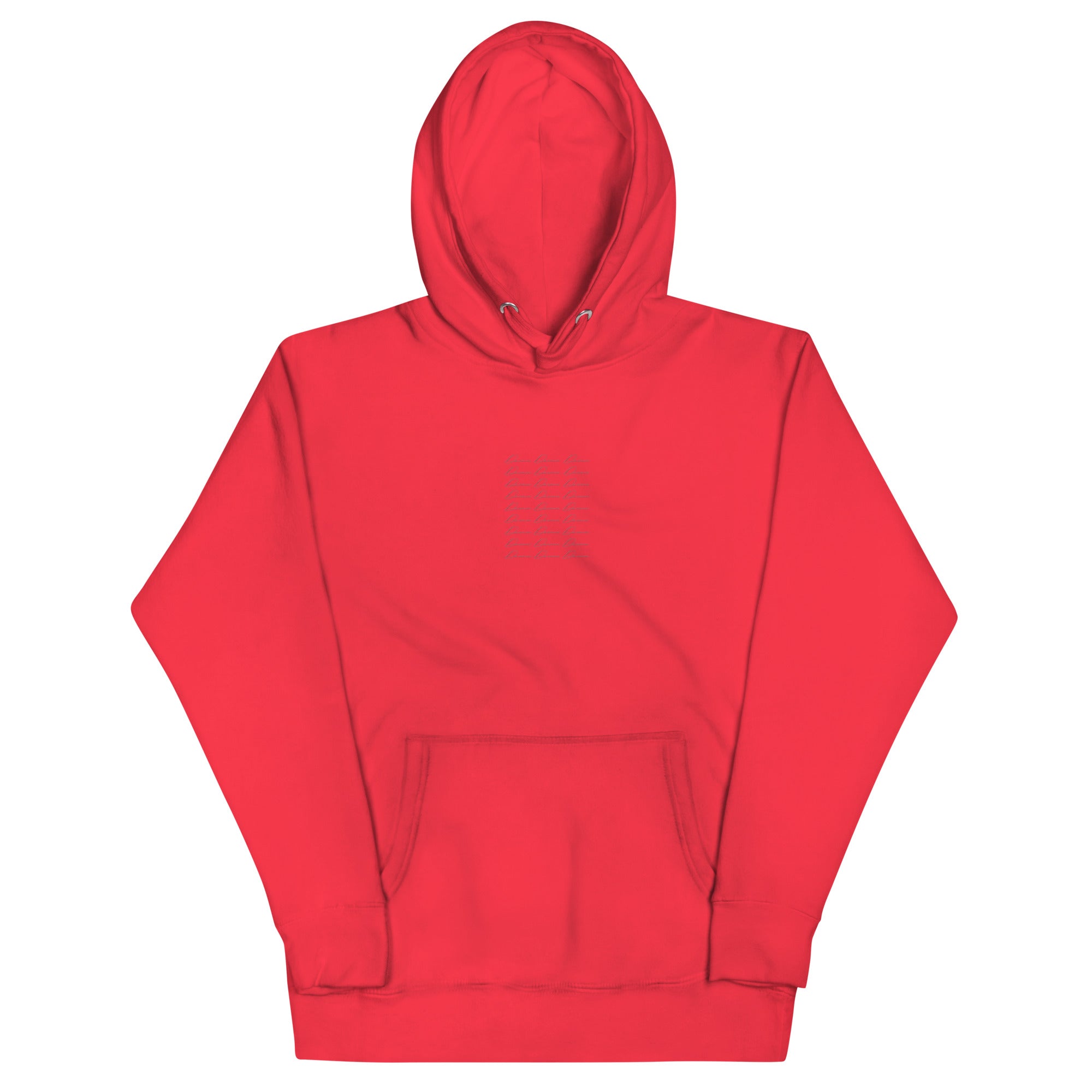 Unisex red hoodie with Daemon brand logo, cotton heritage fabric, front view showcasing casual pullover with hood.