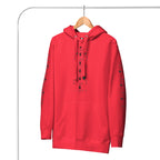 Daemon Luxury Supreme Models Belly Red reticulated cotton hoodie, front view, unisex premium pullover with bold red design.