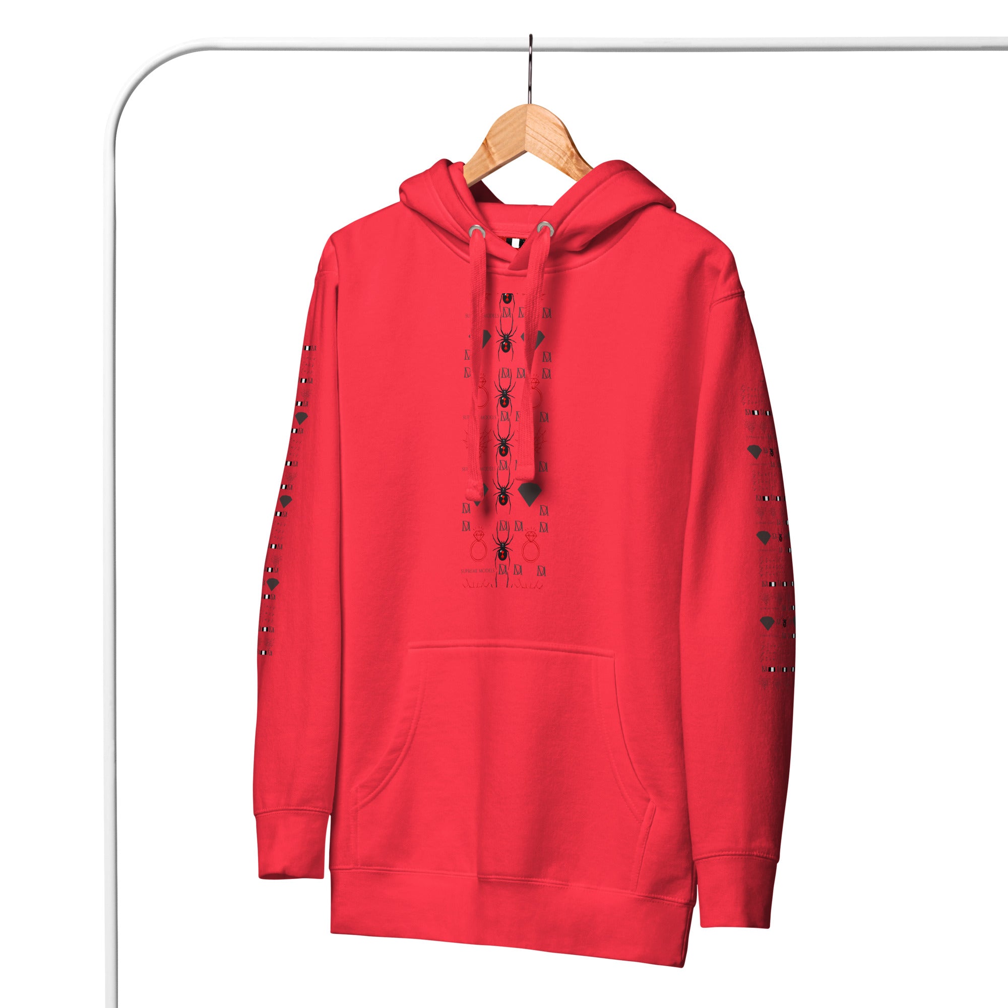 Daemon Luxury Supreme Models Belly Red reticulated cotton hoodie, front view, unisex premium pullover with bold red design.