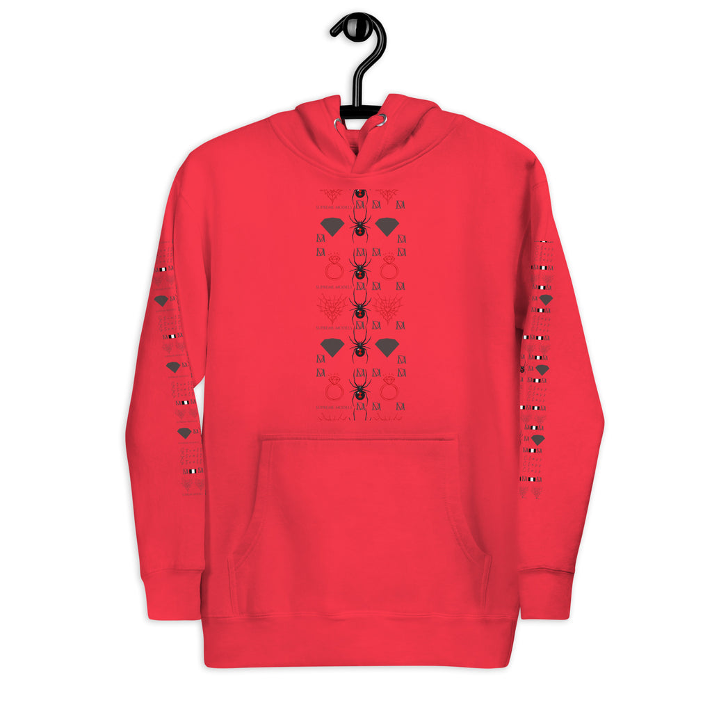 Daemon Luxury SUPREME MODELS Belly Red reticulated cotton unisex premium pullover hoodie, front view with red design.