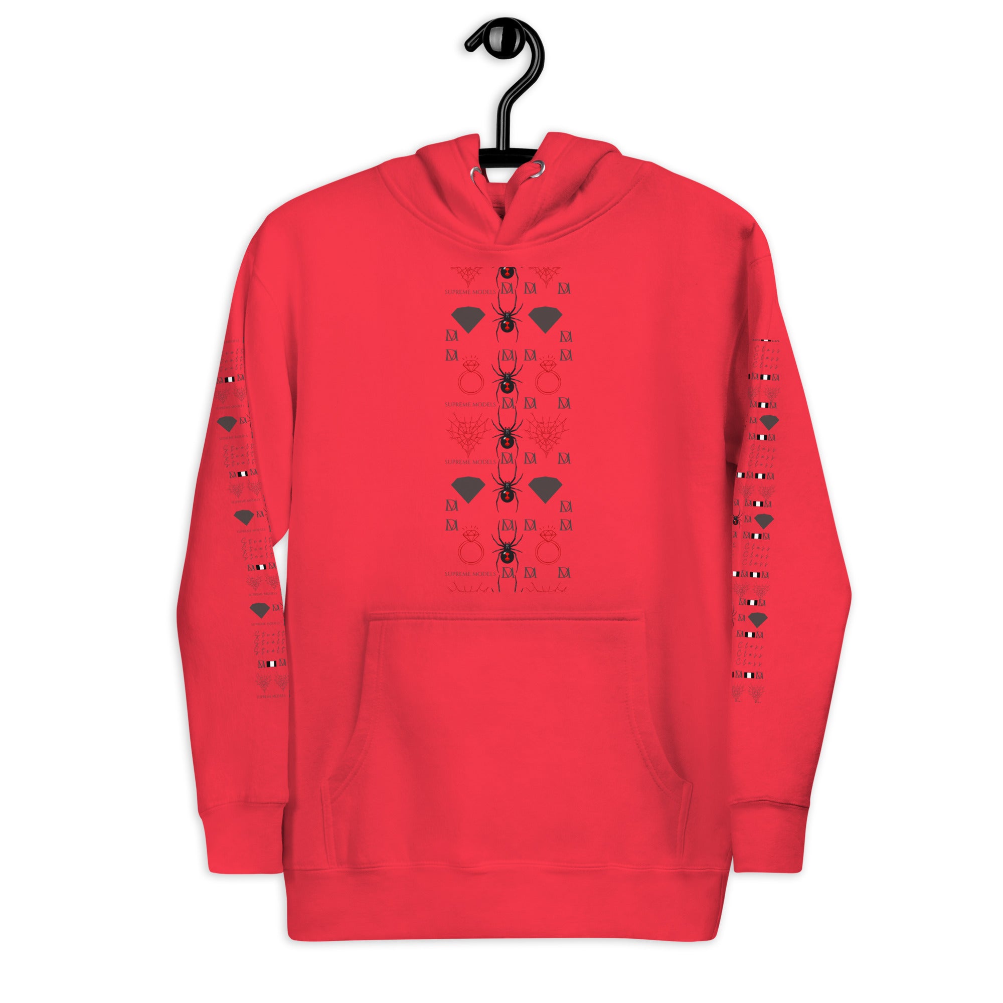 Daemon Luxury SUPREME MODELS Belly Red reticulated cotton unisex premium pullover hoodie, front view with red design.