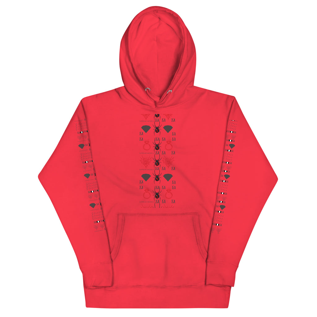 Daemon Luxury Supreme Models Belly Red reticulated unisex premium cotton hoodie with front design and vibrant red color.