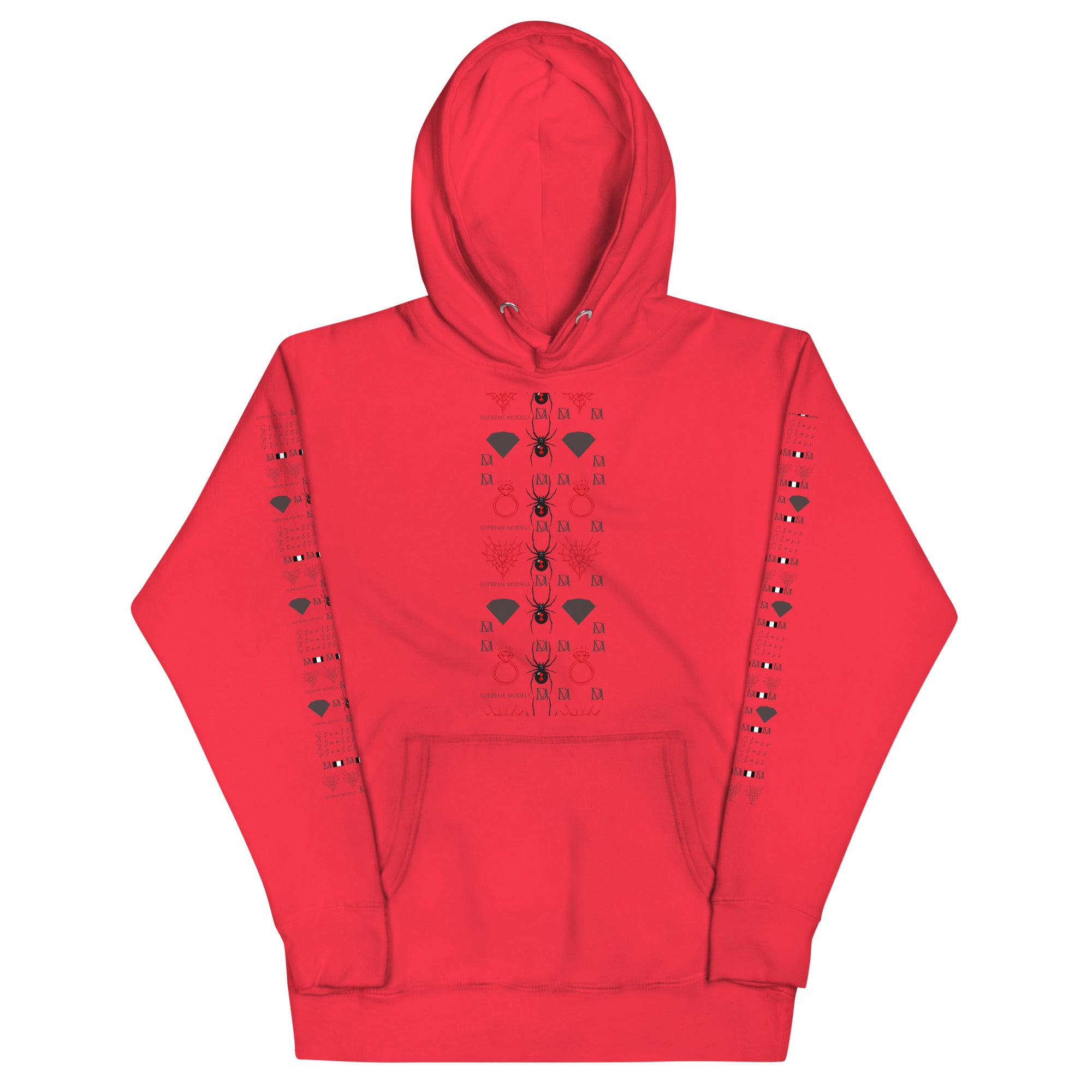 Daemon Luxury Supreme Models Belly Red reticulated unisex premium cotton hoodie with front design and vibrant red color.