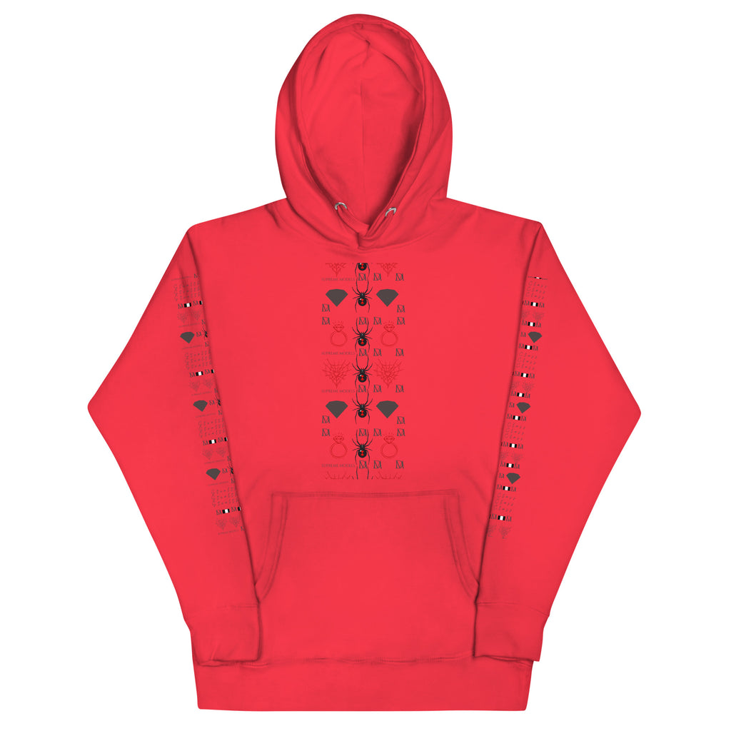 Daemon Luxury Supreme Models Belly Red reticulated cotton hoodie, unisex premium pullover with front design and vibrant red color.