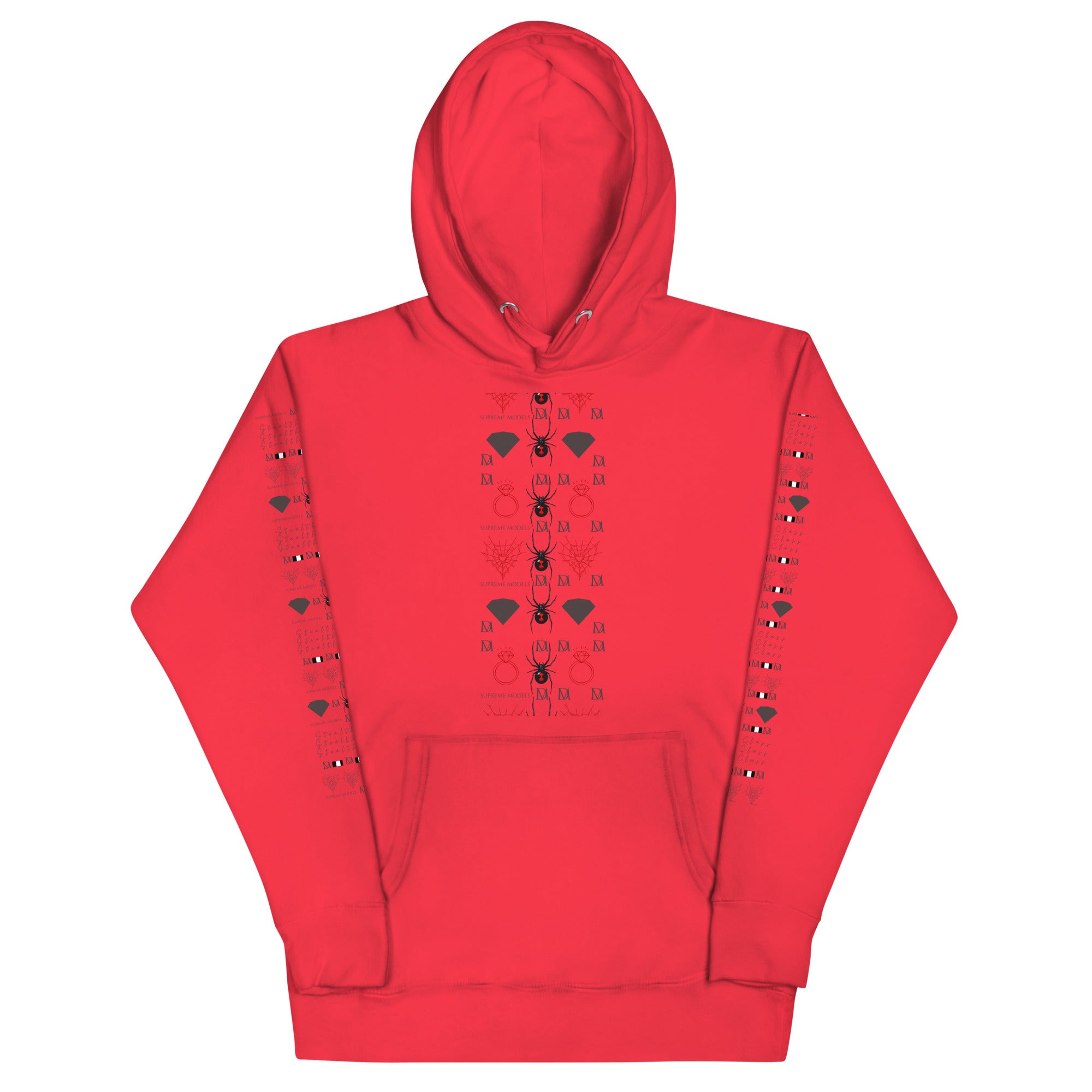 Daemon Luxury Supreme Models Belly Red reticulated cotton hoodie, unisex premium pullover with front design and vibrant red color.