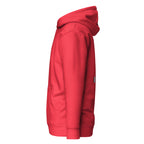Unisex red cotton hoodie with a front pocket and hood, featuring the "Flash of Red" design by Daemon.