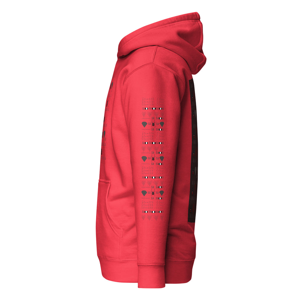 Daemon Luxury SUPREME MODELS Belly Red reticulated cotton hoodie, unisex premium pullover with red and heritage design.