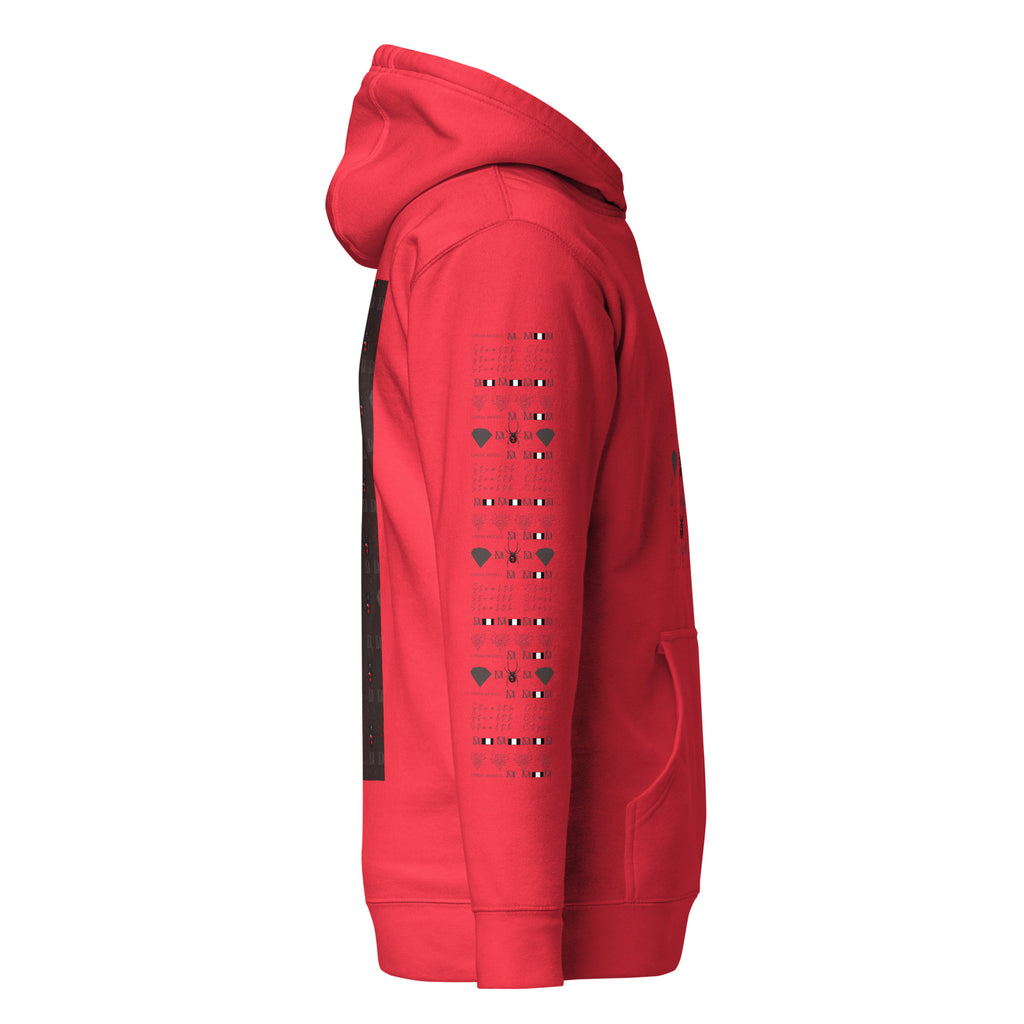 Daemon Luxury Supreme Models Belly Red reticulated unisex cotton heritage hoodie with red color and premium design.