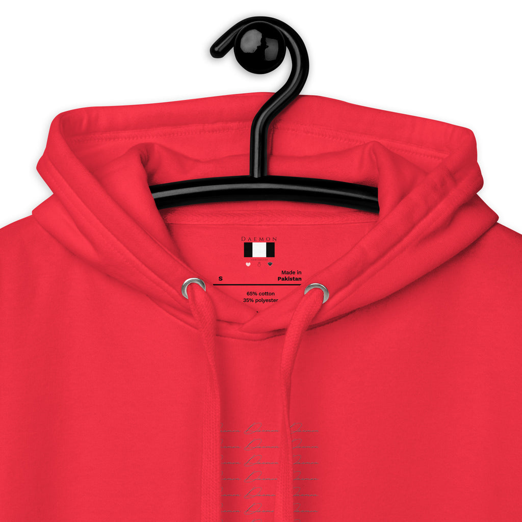 Unisex Daemon Flash of Red hoodie with hood, cotton fabric, close-up of vibrant red color and premium pullover design.