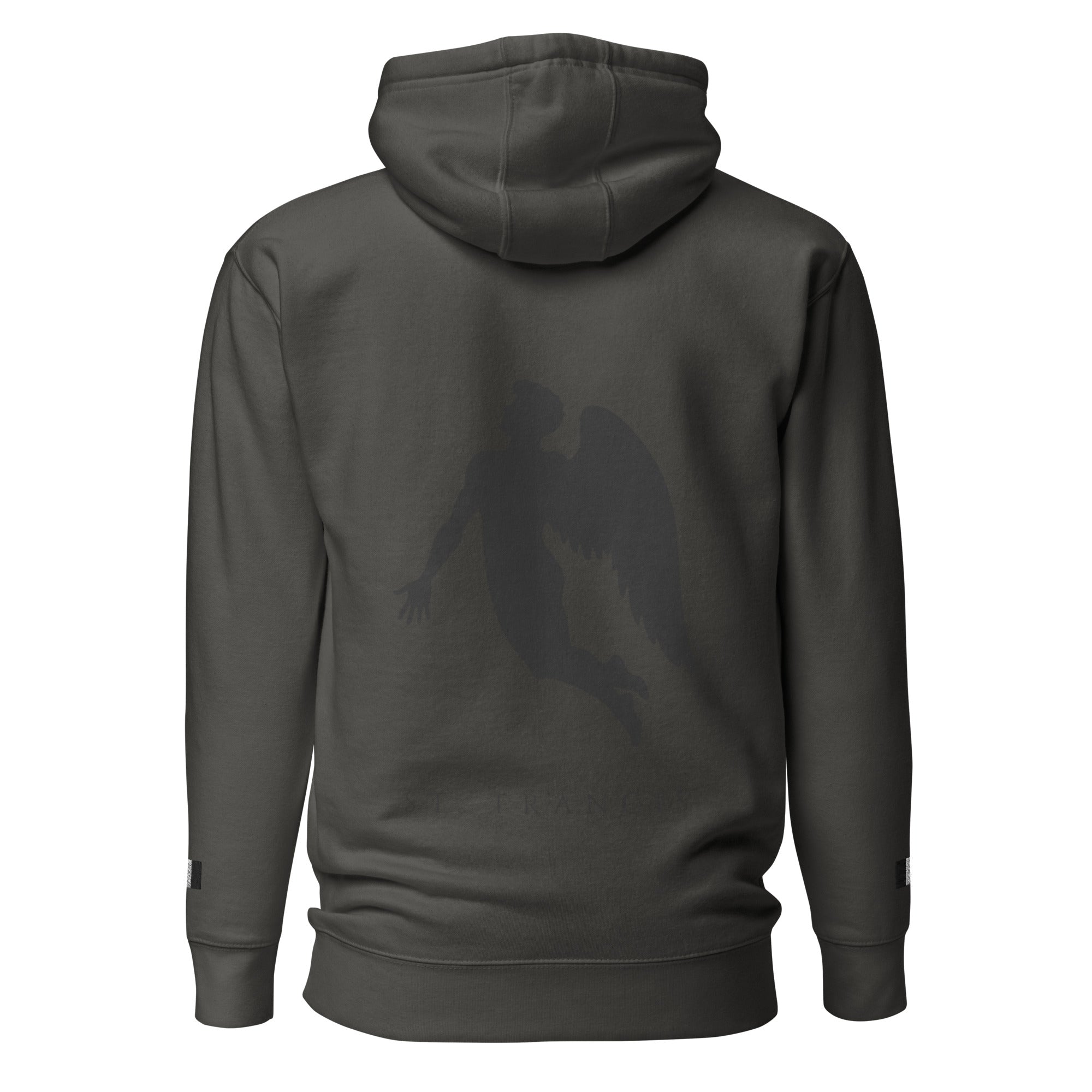 Daemon Angelic Stealth unisex hoodie with a black cotton fabric and vintage-inspired design, featuring a hood and comfortable fit.
