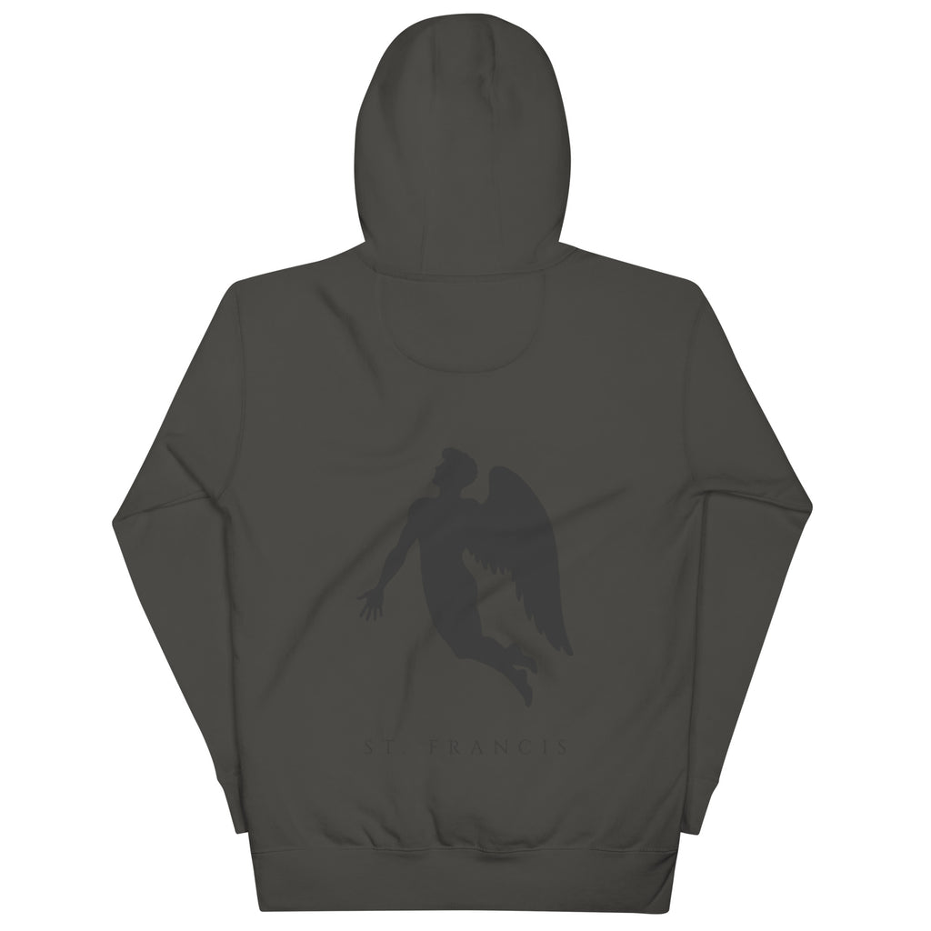 Daemon Angelic Stealth unisex cotton hoodie with a vintage black back design, featuring a hooded pullover style.