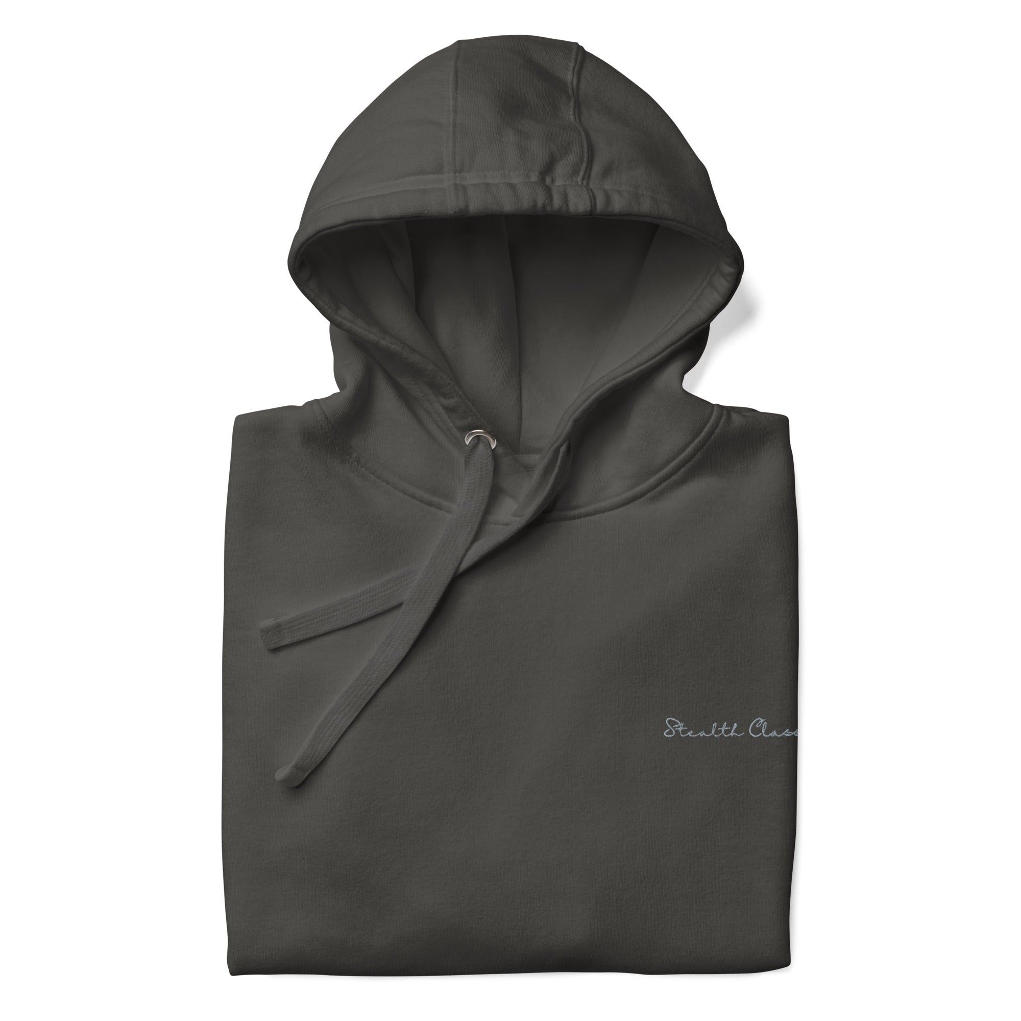 Daemon Angelic Stealth unisex premium cotton hoodie with hood and front design in vintage black.