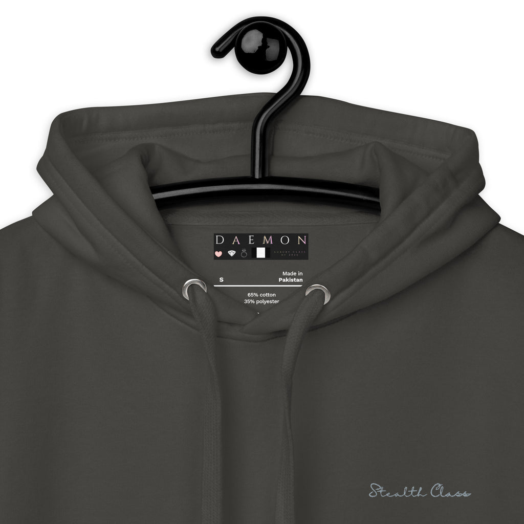 Daemon Angelic Stealth hoodie in vintage black, featuring a cotton heritage fabric and a cozy hood for unisex casual wear.