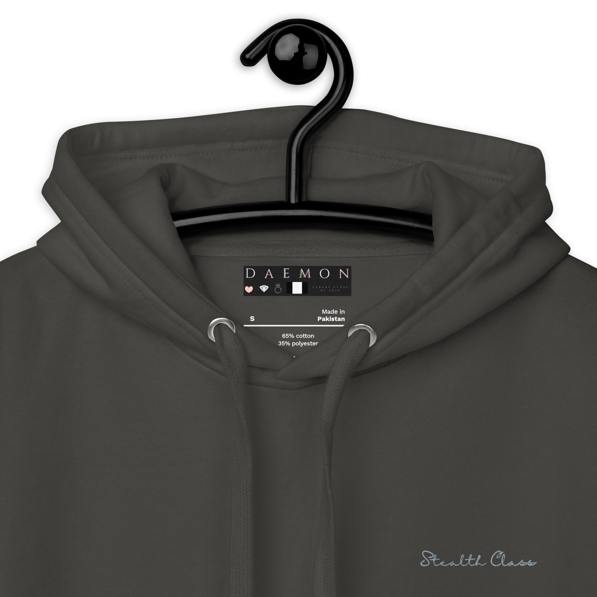 Daemon Angelic Stealth hoodie in vintage black, featuring a cotton heritage fabric and a cozy hood for unisex casual wear.