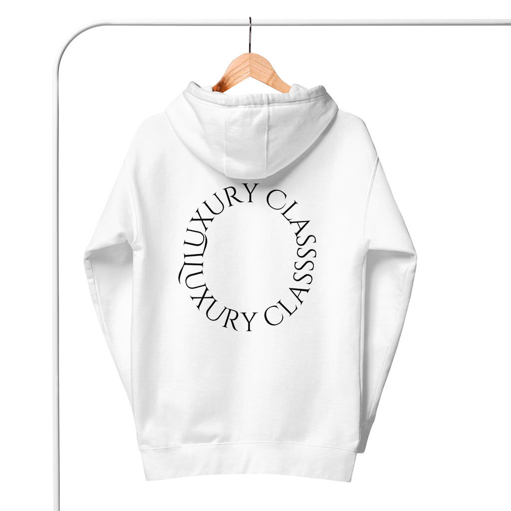 White Daemon Las Palmas cotton hoodie with hood, front pocket, and relaxed fit, shown from the back.