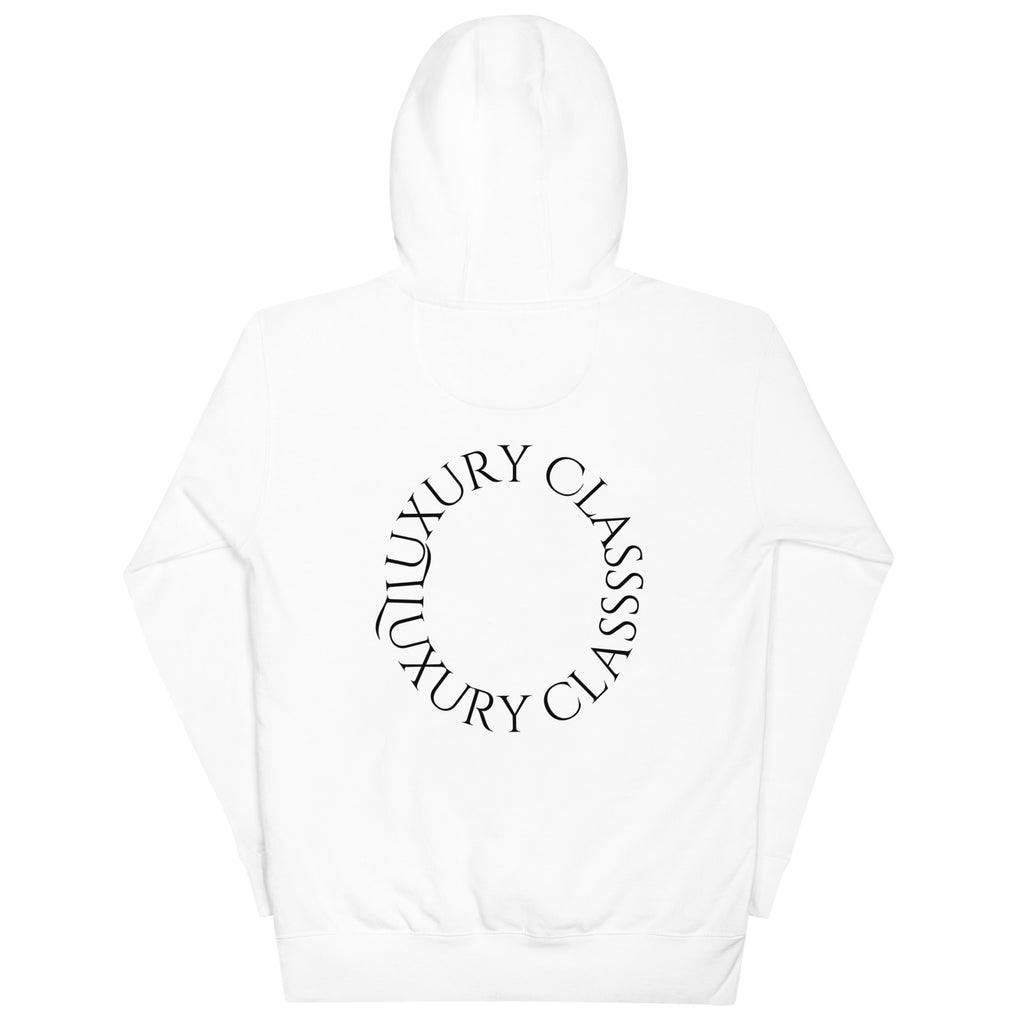 White Daemon Las Palmas hoodie with a cotton heritage fabric and hood, shown from the back in a unisex premium pullover style.