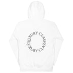 White Daemon Las Palmas hoodie with a cotton heritage fabric and hood, shown from the back in a unisex premium pullover style.