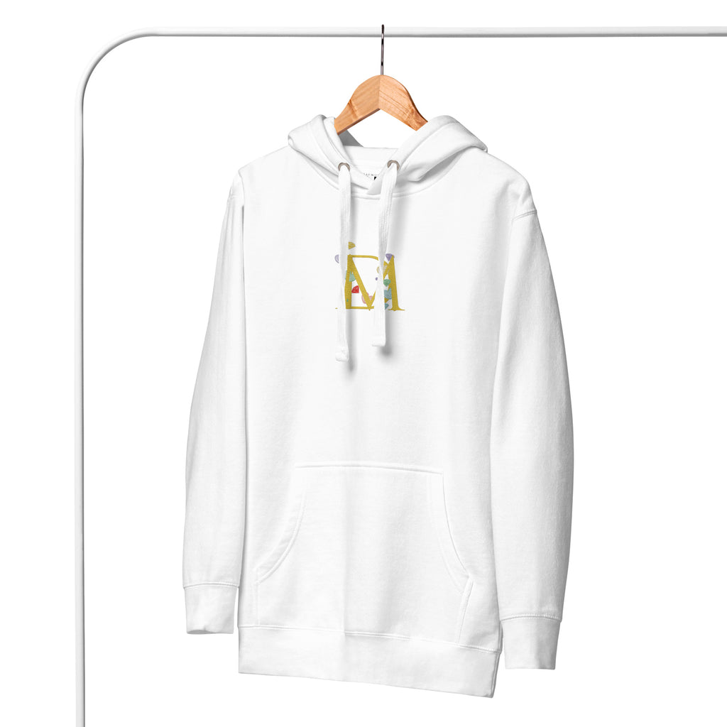 Unisex white Daemon Las Palmas fleece hoodie with hood, front view, made from premium cotton fabric.