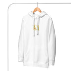 Unisex white Daemon Las Palmas fleece hoodie with hood, front view, made from premium cotton fabric.