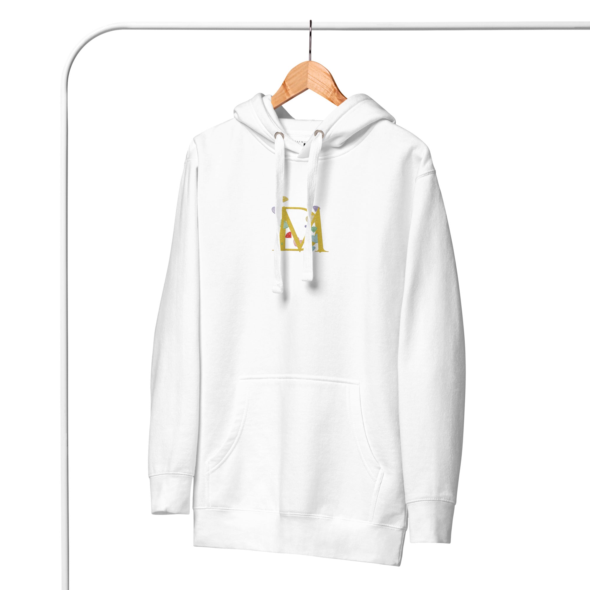 Unisex white Daemon Las Palmas fleece hoodie with hood, front view, made from premium cotton fabric.