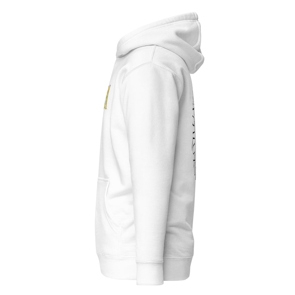Daemon Las Palmas unisex cotton hoodie with a front pocket and hood, in classic white, made from premium cotton fabric.