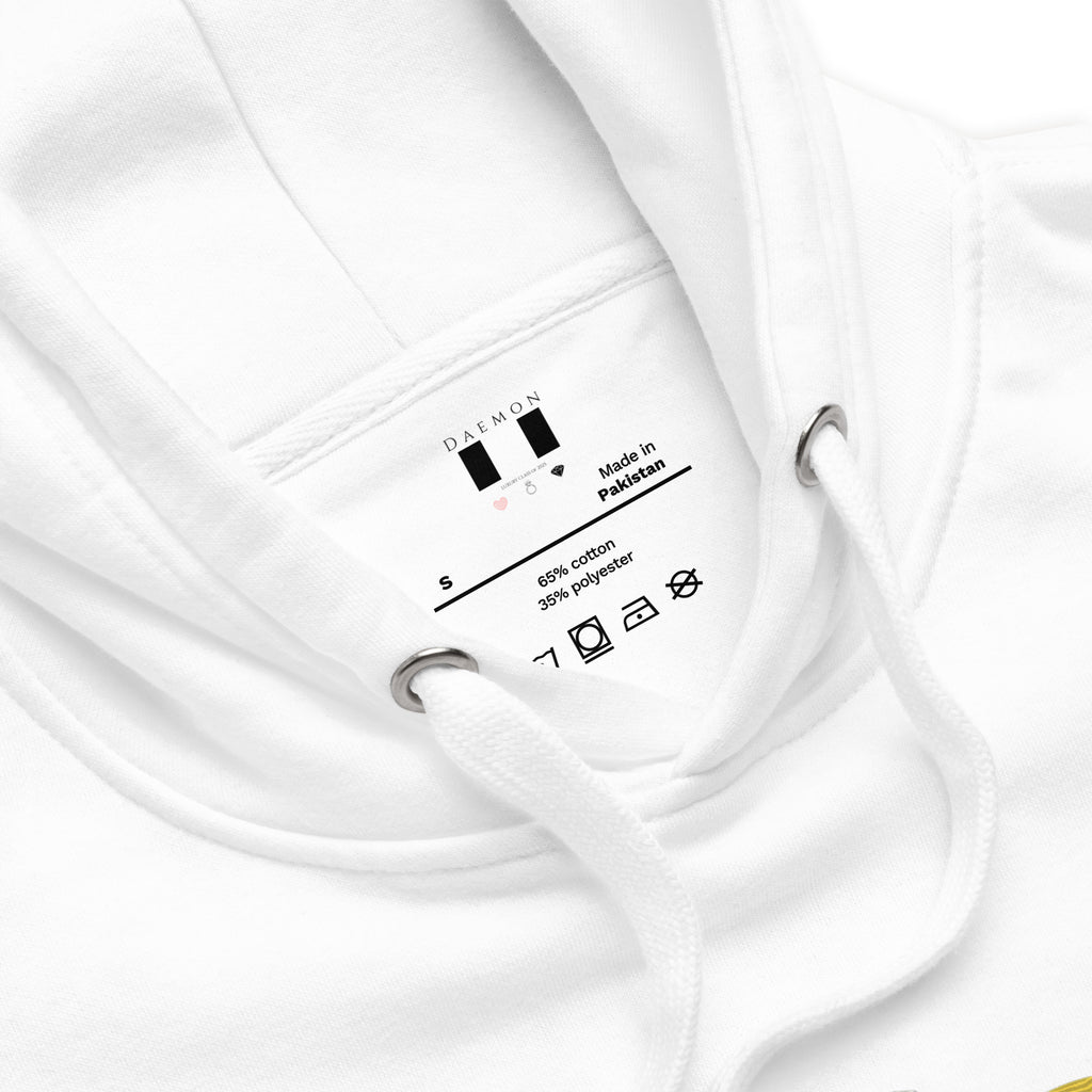 Daemon Las Palmas unisex cotton hoodie with hood, white premium pullover style, soft and comfortable for casual wear.