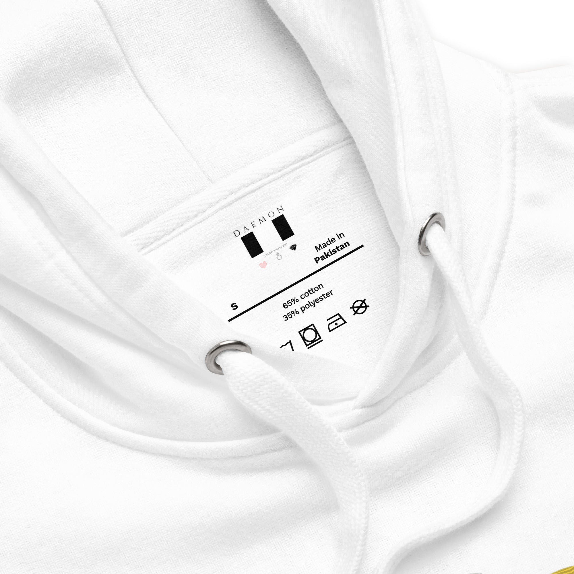 Daemon Las Palmas unisex cotton hoodie with hood, white premium pullover style, soft and comfortable for casual wear.