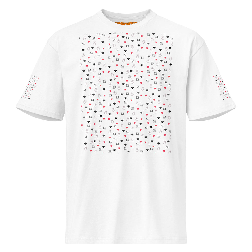 White men's premium short sleeve t-shirt by Daemon Luxury with speckled diamond pattern and cotton heritage fabric.