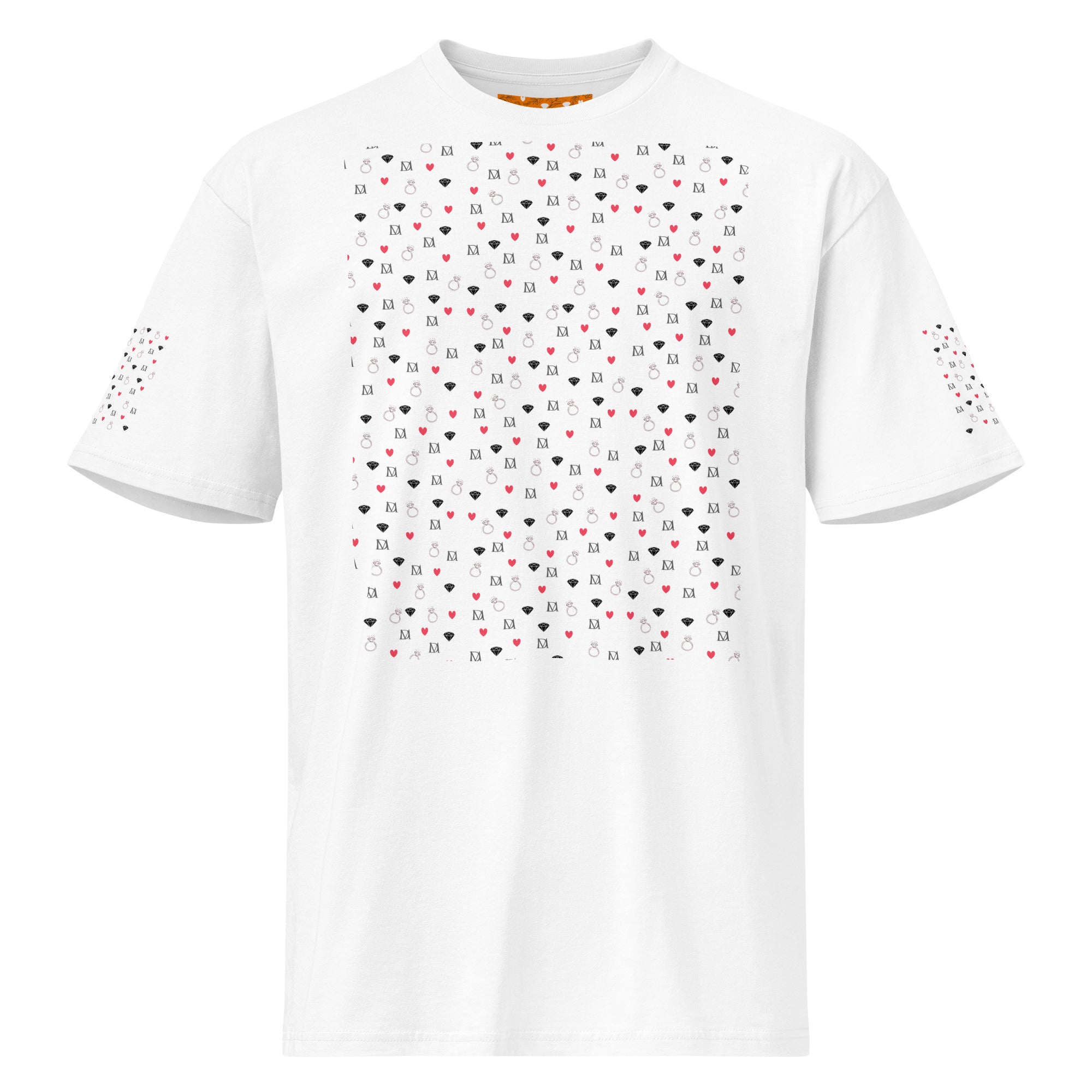 White men's premium short sleeve t-shirt by Daemon Luxury with speckled diamond pattern and cotton heritage fabric.
