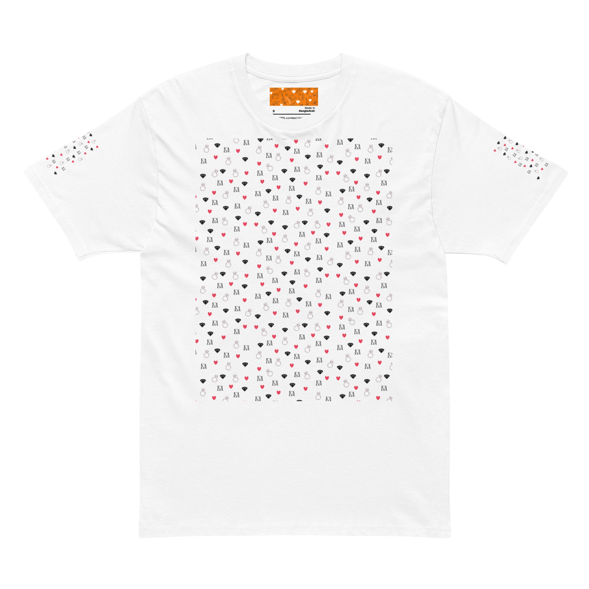 White men's short sleeve tee by Daemon Luxury featuring speckled diamond design on front.