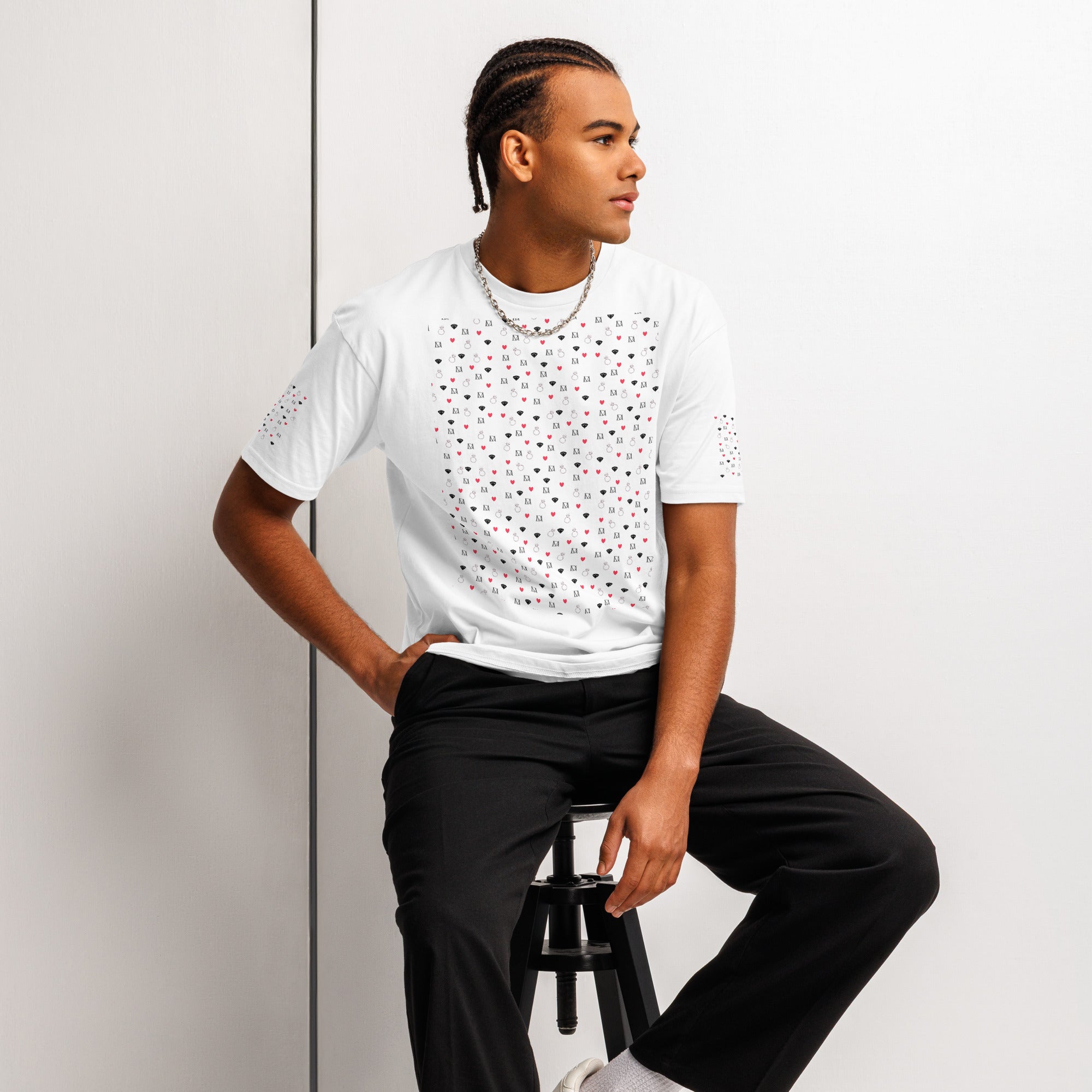 Daemon Luxury Speckled Diamonds Premio il Man men's white cotton short-sleeve T-shirt with diamond pattern on front
