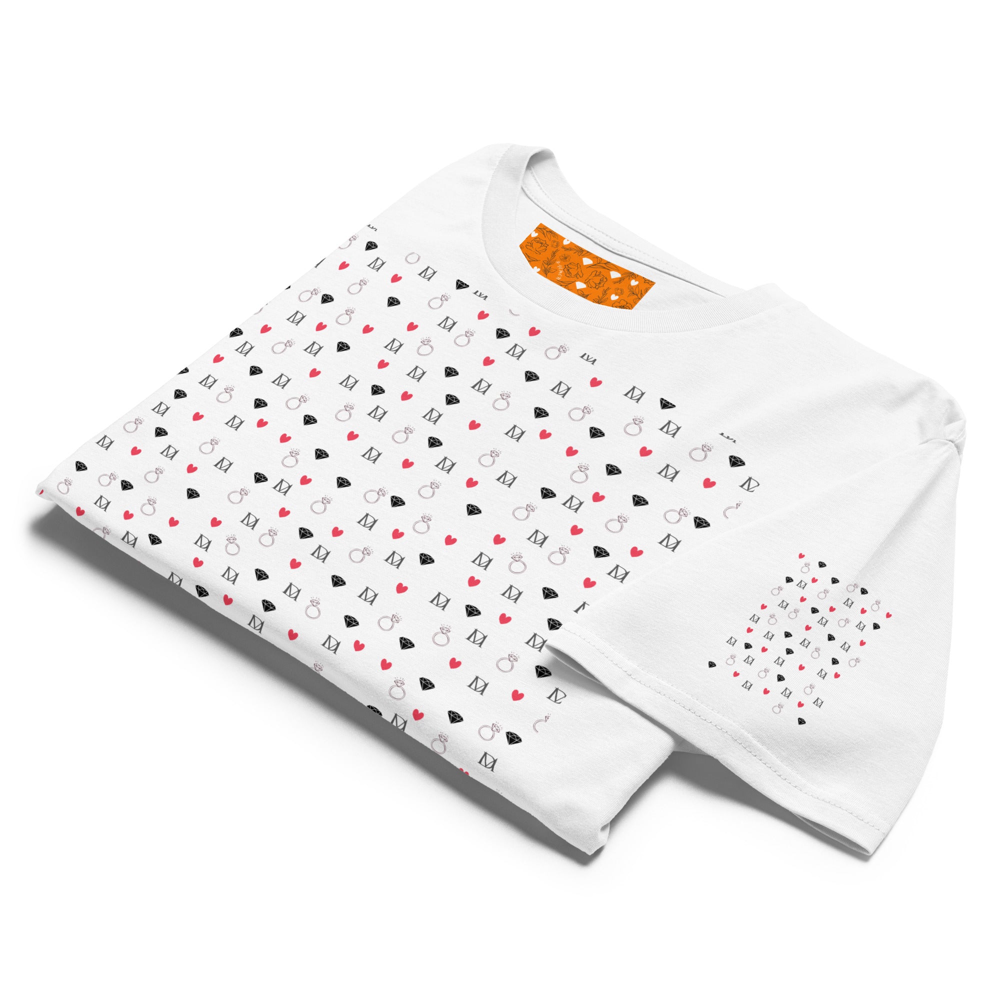 White men's short-sleeve tee by Daemon Luxury with speckled diamond design on the front.