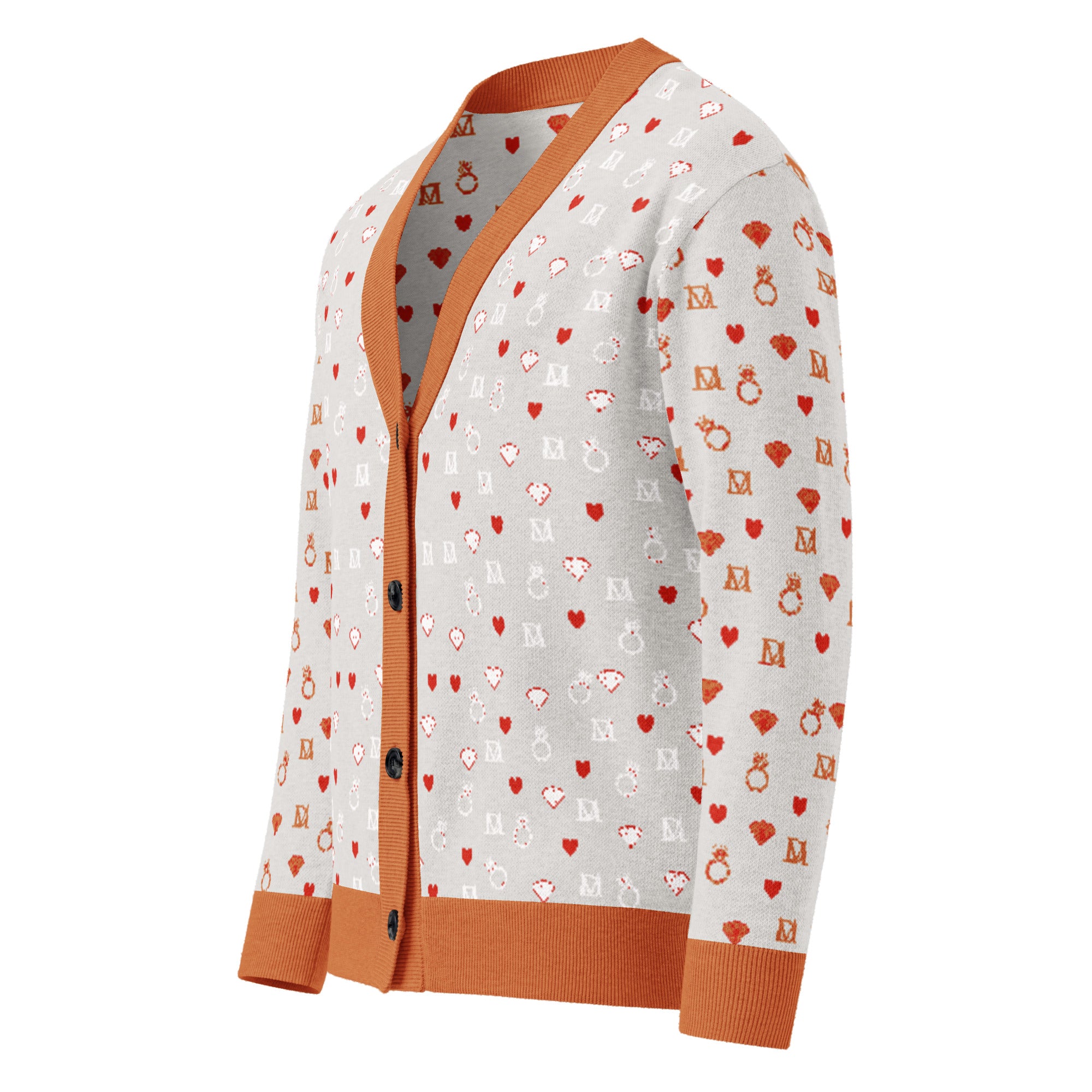 Daemon Luxury Infernal Diamonds knitted cardigan, front view showing intricate hellish diamond pattern and cozy knit texture.